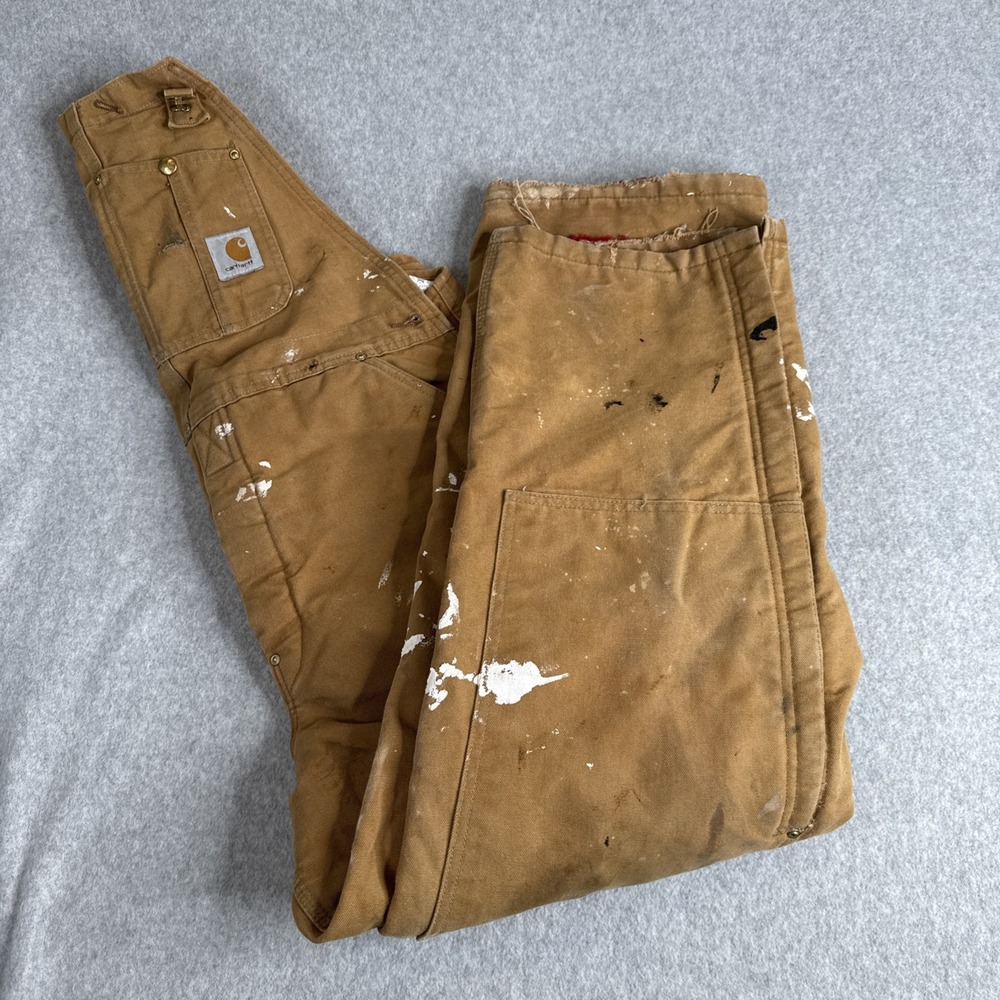 VTG Carhartt R02 BRN Double Knee Bib Overalls Men's 38x30 Quilt Lined Union USA